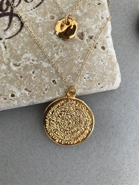 Long Layer Greek Medallion Coin Necklace, 14k Gold Filled Long Necklace ...