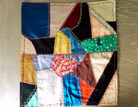 Vintage Crazy Quilt Wall Hanging Or Pillow Top Piece Made With Silk Velvet And Cotton Black