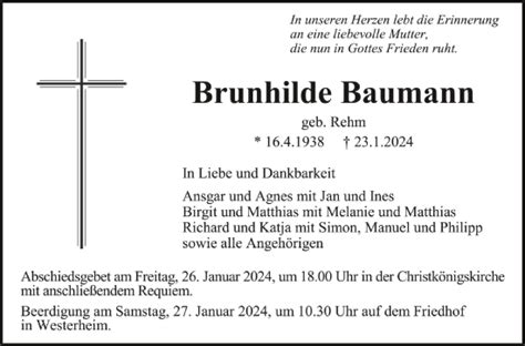 Traueranzeigen Von Brunhilde Baumann Schwaebische De Trauerportal