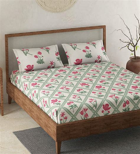 Buy Cream Floral 120 Tc 100 Cotton Queen Sized Bed Sheets With 2