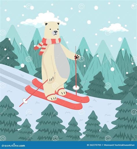 Cute Polar Bear Skiing With Tree Stock Vector Illustration Of Comic