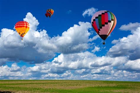 Colorful Hot Air Balloons Over Green Rice Field Stock Image Image Of