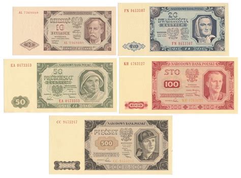 Banknoty Zestaw 5 banknotów od 10 do 500 złotych 1948