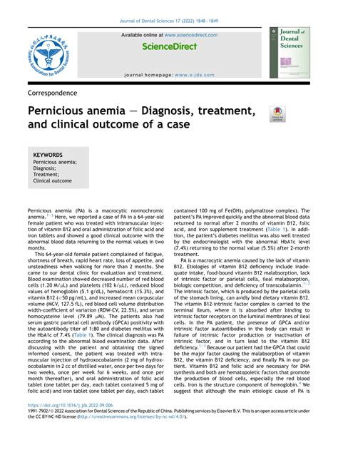 Pdf Pernicious Anemia Diagnosis Treatment And Clinical Outcome Of