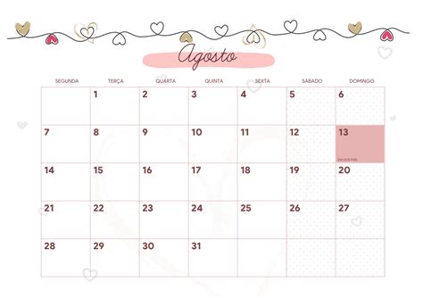 Calendario Mensal Coracao Agosto Fazendo A Nossa Festa