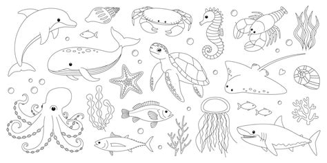 Sea and ocean animals coloring page. Cute dolphin, whale, crab, seahorse, starfish, lobster ...