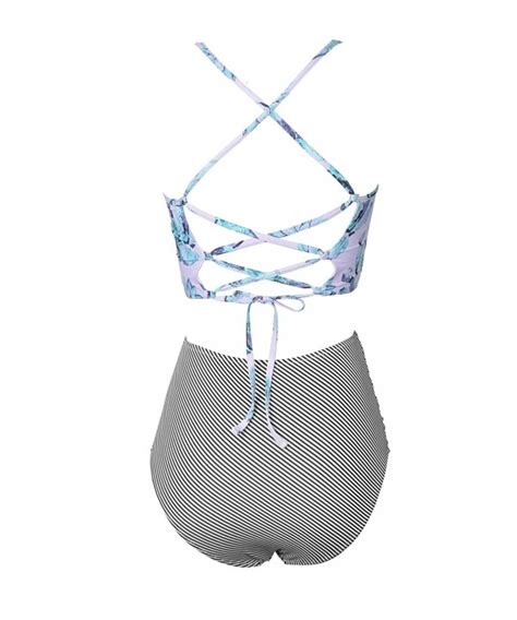Women S Stripes High Waisted Lace Up Tankini Bikini Set Succulent Plants C YZIG AR