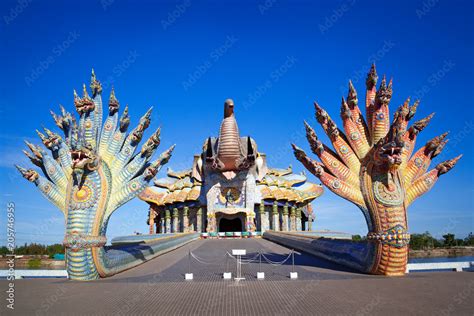 Naga statue in thailand temple .The colorful multiple head Naka statue ...