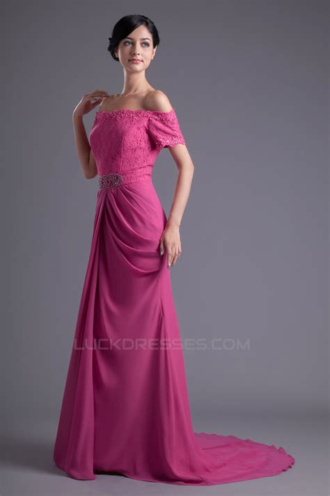 Chiffon Lace Brush Sweep Train Prom Formal Evening Dresses 02020708