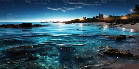 AI Generated. AI Generative. Night glowing light shine plankton sea