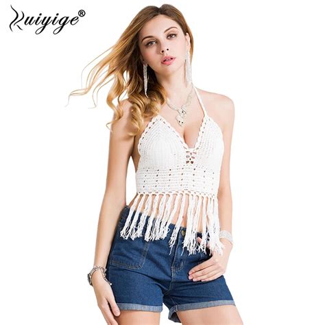 Hand Knitted Crochet Crop Tops Women Sexy Beach Bikini Fringed Bra