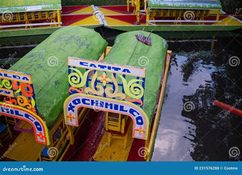 Traditional and Colorful Trajineras Moored in Xochimilco Lake Editorial ...