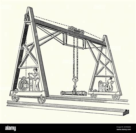 An Old Engraving Of A Hand Cranked Ordnance Bridge Crane Of The 1800s