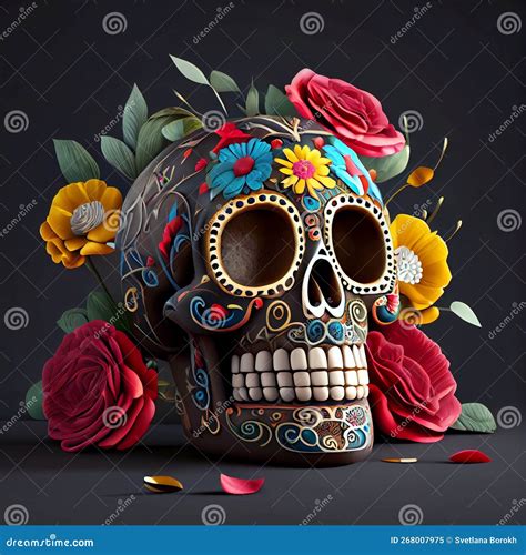 Traditional Realistic Calavera Sugar Skull Decorated With Flowers The