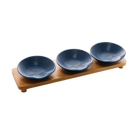 Conjunto 3 Petisqueiras Porcelana Azul Bandeja Bambu Bon Gourmet