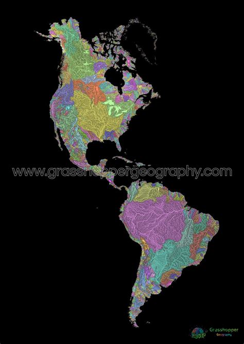 The Americas - River basin map, pastel on black - Fine Art Print ...