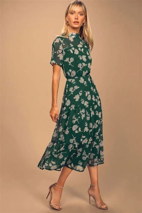 Floral Dressed Up Dark Green Floral Print Midi Dress Floral