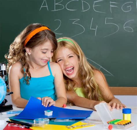 Happy Laughing Kids Student Girls At School Classroom School Mum