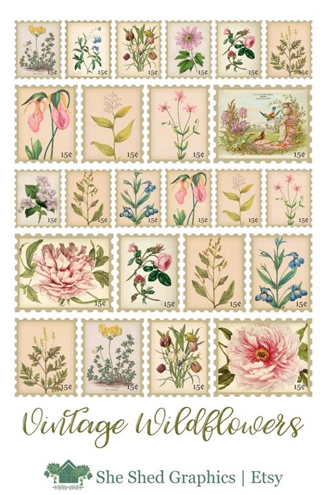 Faux Postage Stamps Vintage Wildflowers Faux Ephemera Etsy Vintage