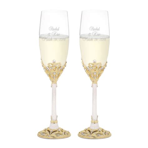 Gold And Pearl Enamel Crown Flute Set Wedding Flutes Gold Engraved