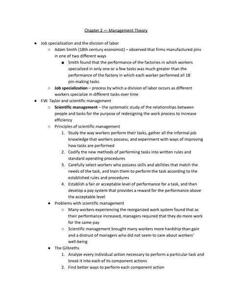 Mgt 201 Chapter 2 Chapter 2 — Management Theory Job Specialization And The Division Of Labor