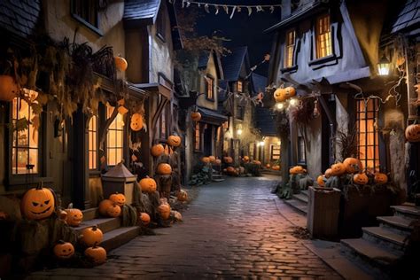 Premium AI Image | Night view of a spooky Halloween decorated street ...