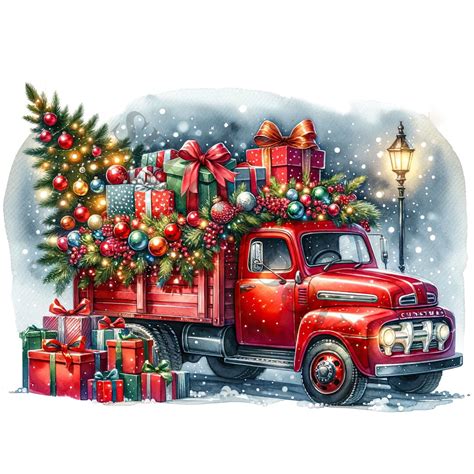 Red Christmas Truck Clipart High Quality 12 Pngs, Watercolor Clipart ...