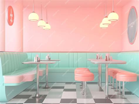 Retro Pastel Diner Interior Design with Cozy Booth Seating and