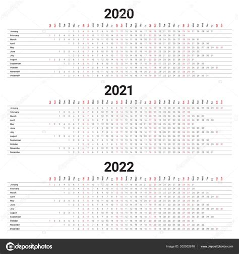 Year 2020 2021 2022 Calendar Vector Design Template Stock Vector By