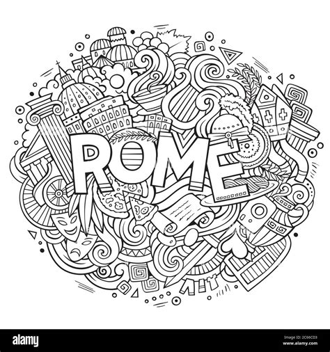 Cartoon Cute Doodles Hand Drawn Rome Inscription Stock Vector Image