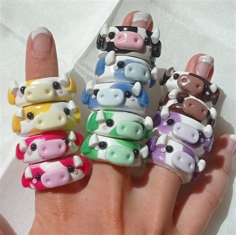 Handmade Polymer Clay Cow Rings Rainbow Cow Ring Kawaii Etsy