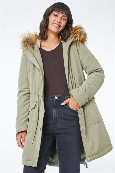 Faux Fur Trim Padded Parka Coat In Sage Roman Originals Uk