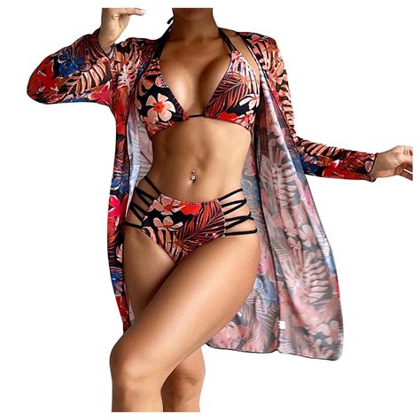 Wreesh Womens Piece Swimsuits Tropical Print Halter Bikini Set With Kimono Beach Cover Ups
