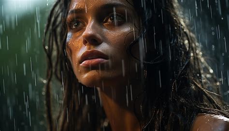 Gros Plan Portrait D Une Femme Amazonienne Sous Une Cascade Dans La