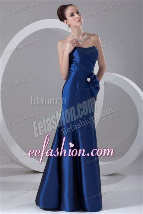 Column Blue Strapless Floor Length Taffeta Ruching Prom Dress