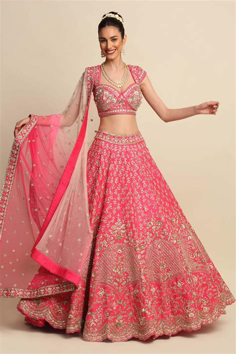 Buy Pink Raw Silk Embroidered Floral Motifs Sweetheart Neck Bridal