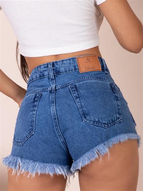 Short Jeans Feminino Curto Rasgado Bolso Quadrado Cintura Alta Shein