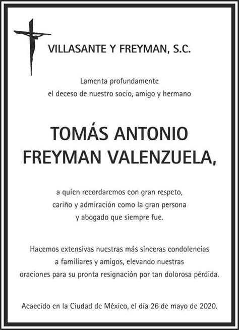 Señor Tomás Antonio Freyman Valenzuela Obituario Esquela