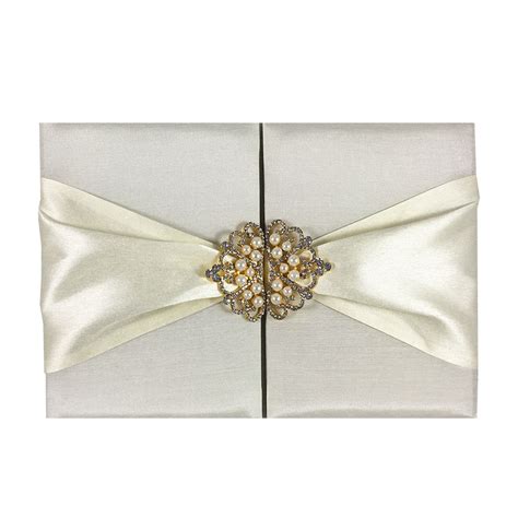 Invitation Pocket Folder With Gold Plated Crown Pearl Brooches & Ivory ...