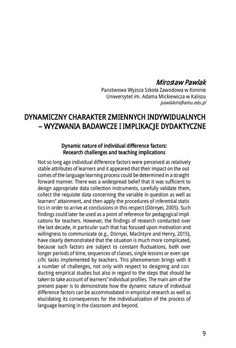 PDF Dynamiczny Charakter Zmiennych Indywidualnych Wyzwania Badawcze