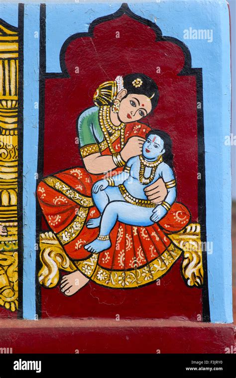 Mother Yashoda infant Lord Krishna painting facade Udupi Sri Krishna Temple Karnataka india ...