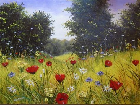 An Oil Painting Of Red Poppies And Daisies In A Green Field With Trees