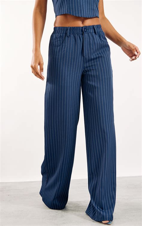 Navy Woven Pinstripe High Waist Wide Leg Trousers Prettylittlething Ca