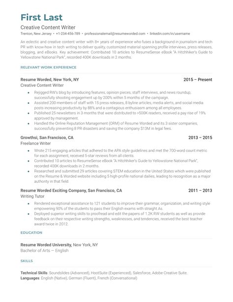 Creative Content Writer Resume Examples for 2025 | Resume Worded