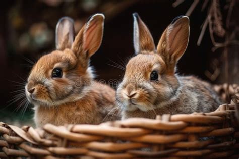 Rabbits Are Sitting In A Green Meadow Hares Eat Summer Marking On The