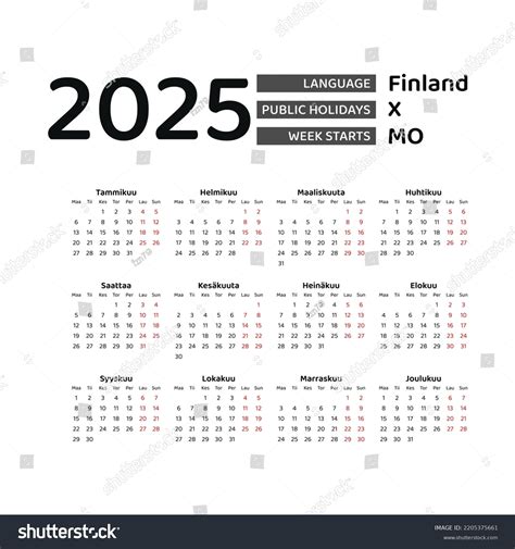 Finland Calendar Week Starts Monday Stock Vector Royalty Free