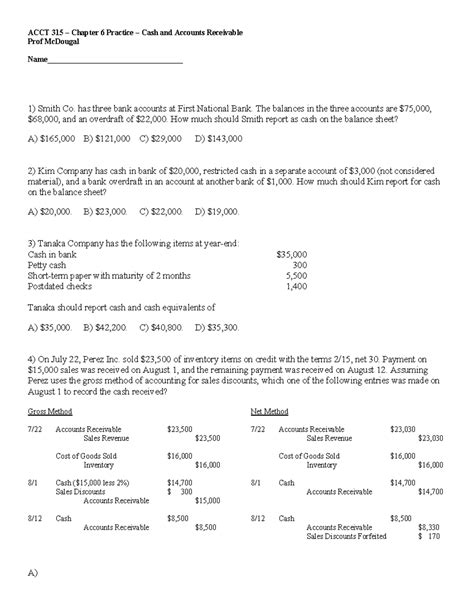 ACCT 315 Chapter 6 Cash and Accounts Receivable Practice Solutions