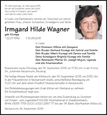 Traueranzeigen Von Irmgard Hilde Wagner Trauerundgedenken De