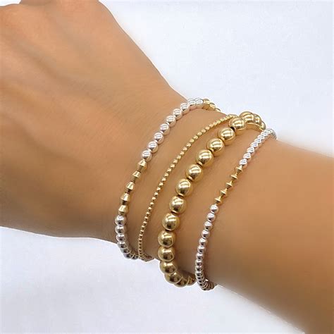 Two Tone Gold And Silver Beaded Bracelets Stretch Bracelets Etsy