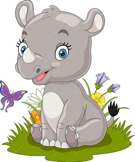 Premium Vector | Cartoon baby rhino sitting in the grass